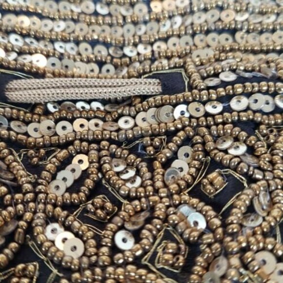 Potli Pouch Drawstring Lined Bag Purse Satchel Sequins Black Gold - Picture 7 of 9